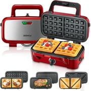 Waffle Maker 3 in 1 Sandwich Maker 1200W Panini Press With Removable Plates and 5-gear Temperature Control, Non-stick Coating Easy to Clean,Indicator Lights, Red