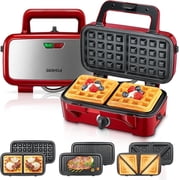 Waffle Maker 3 in 1 Sandwich Maker 1200W Panini Press with Removable Plates and 5-gear Temperature Control, Non-stick Coating Easy to Clean,Indicator Lights, Red