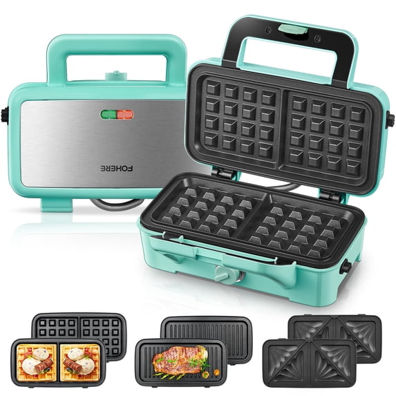 Waffle Maker 3 In 1 Sandwich 1200w Panini Press With Removable Plates And 5-gear Temperature Control Non-stick Coating Easy To Clean Lights Blue