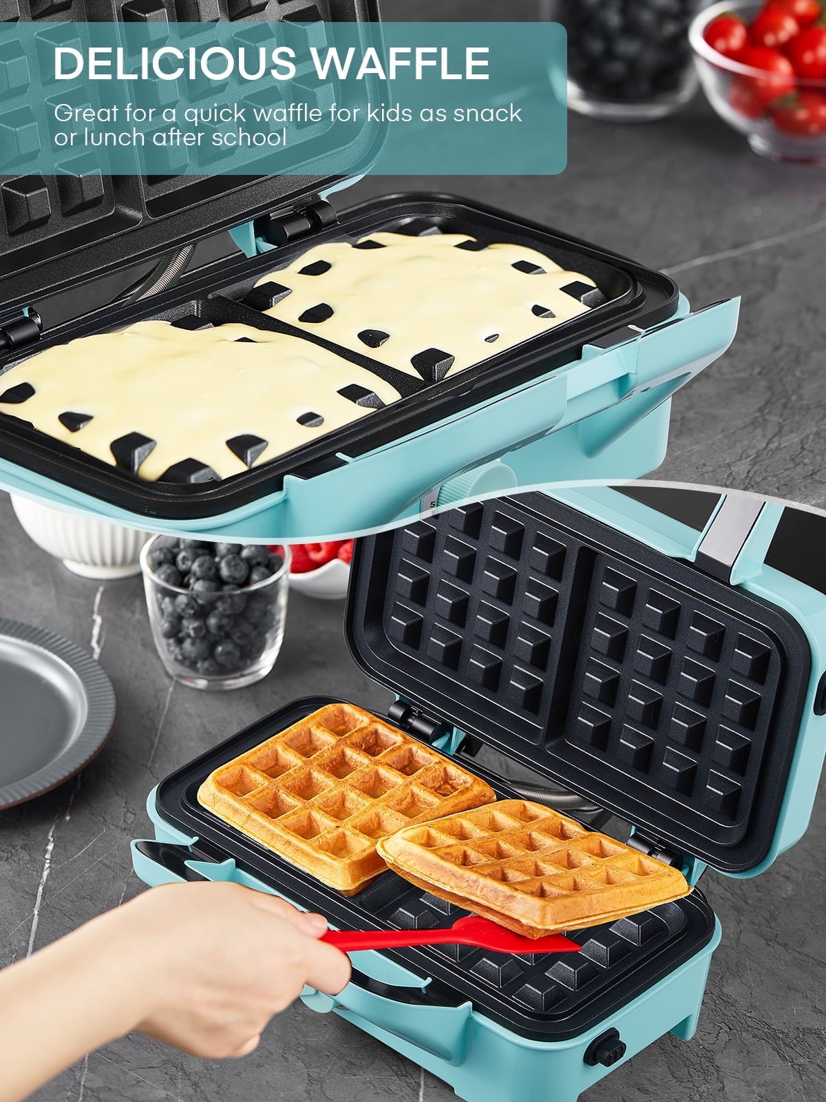 FOHERE 3-in-1 Waffle Maker & Sandwich Press - 1200W, Removable Plates, 5 Temp Settings