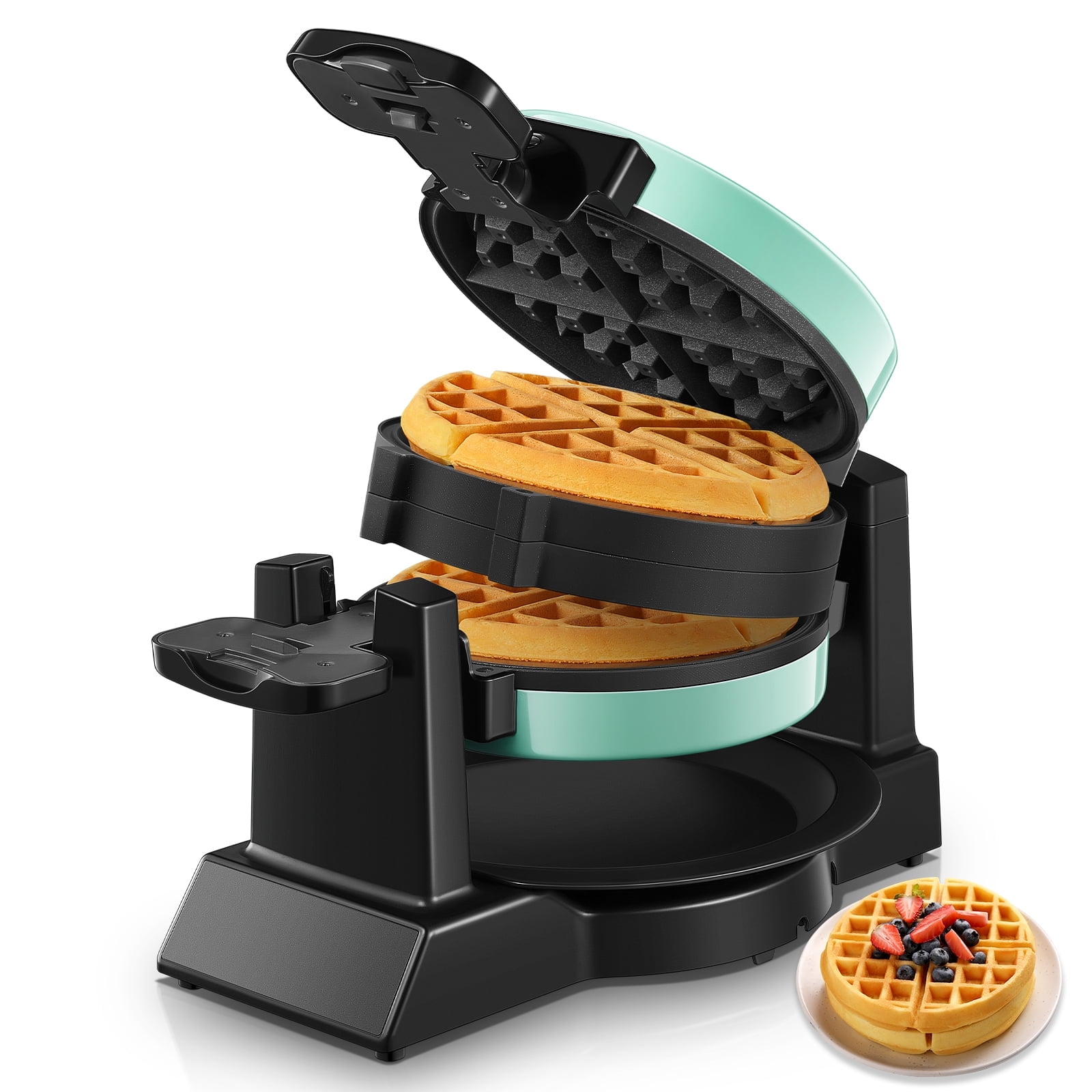 Waffle Maker, Belgian Waffle Iron 180 Flip, 8 Slices, Rotating \u0026 Nonstick Plates, Removable Drip Tray Easy Cleaning, Cool Touch Handle, Space Saving Storage, Mint Blue, FOHERE