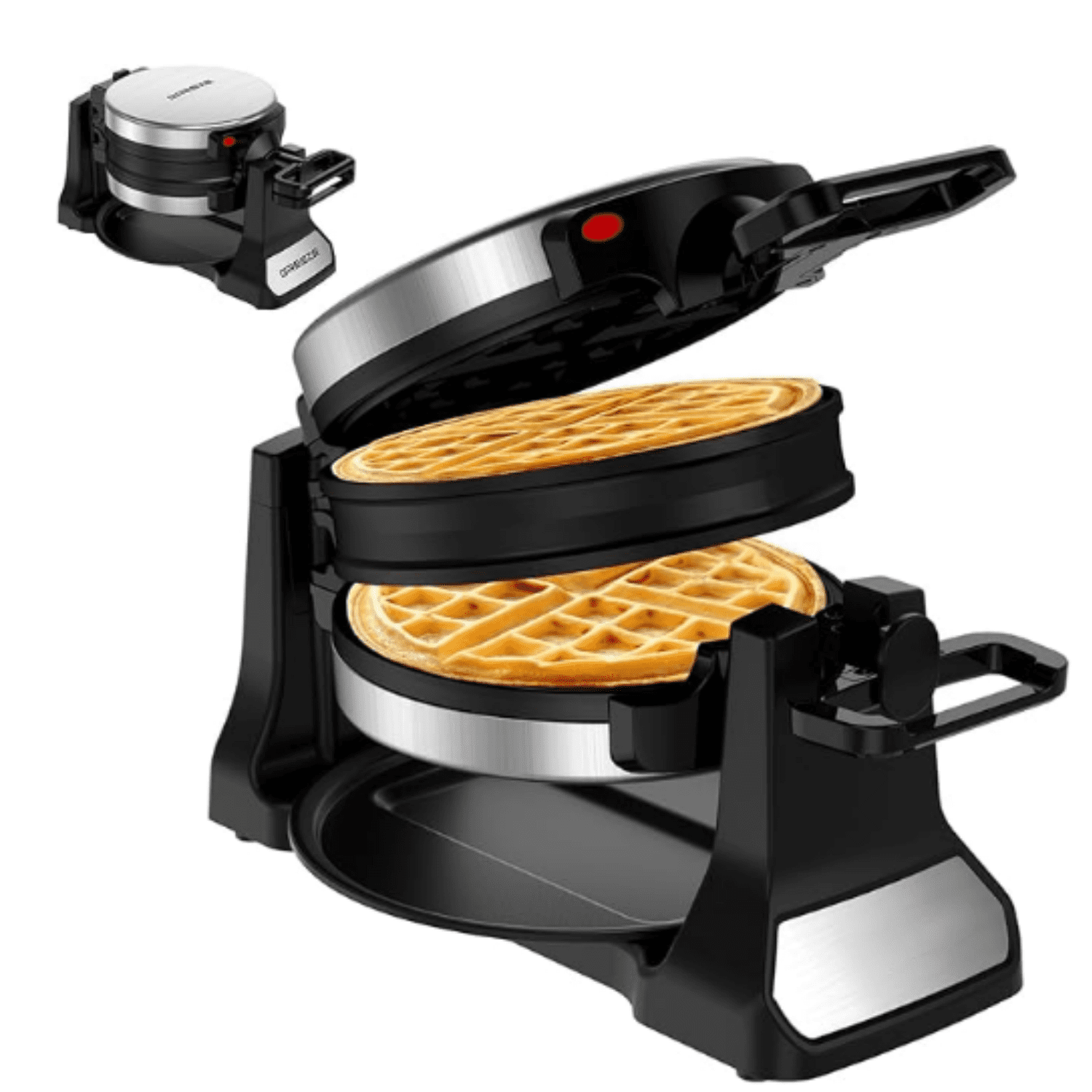 Double Belgian Waffle Maker 180°Flip, 1400W Waffle Iron 8 Slices, Rotating & Nonstick Plates with Removable Drip Tray for Easy Clean, Stainless Steel, Locking Buckle & Cool Touch Handle