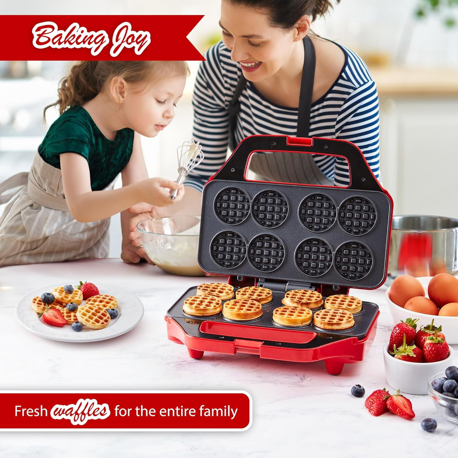 Waffle Maker for Kids, Small Non-Stick Electric Iron Makes 8  Waffles with Recipe Book