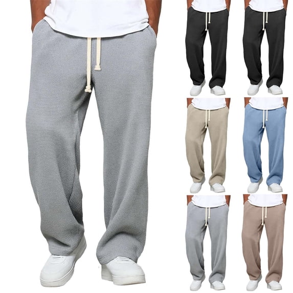 Waffle Men's Baggy Sweatpants Drawstring Waist Pants with Pockets,Straight Wide Cut,Exercise Gym Outdoor Daily Casual Wear,Gray,M