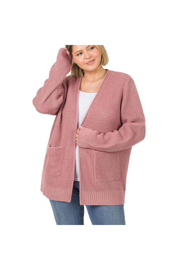 Waffle Open Cardigan Sweater w/ Pockets