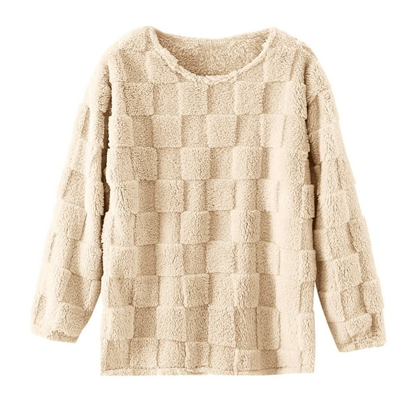 Waffle Pajama Women's Crewneck Loungewear Flannels PJs Casual Long Sleeve Homewear Loose Cozy Pajamas Fluffy Sherpa Nightgown Fleece Winter Sleepwear