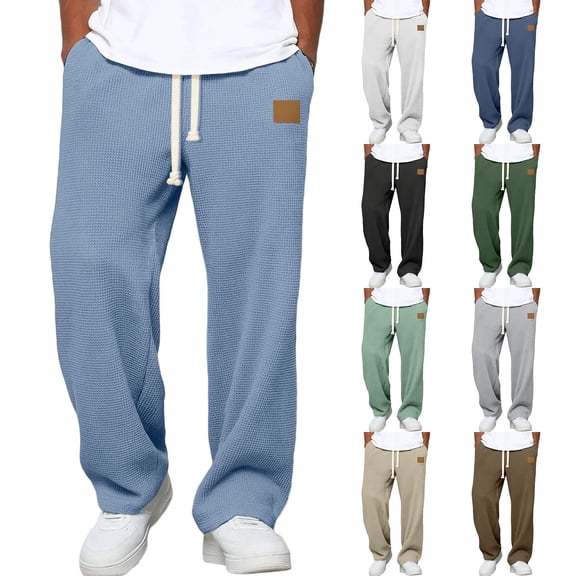 Waffle Pants Men Drawstring Wide Leg Baggy Sweatpants Lightweight Breathable Hiking Mens Lounge Pants Dark Green L