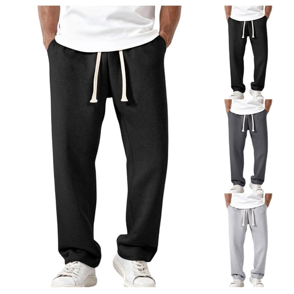 Waffle Pants Men Textured Drawstring Waist Solid Wide Leg Trousers Loose Fit Lightweight Breathable Hiking Sweatpants Black XL