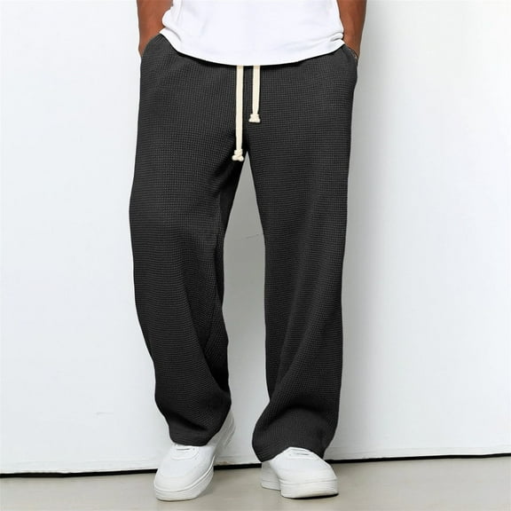 Waffle Pants Men Textured Drawstring Waist Solid Wide Leg Trousers Loose Fit Lightweight Breathable Sport Sweatpants