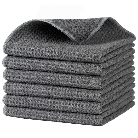 Waffle Pattern Cleaning Cloths, Reusable Absorbent Microfiber Cleaning Cloths, Lint Free Microfiber Kitchen Towels, 6 Pack, Gray, 12.6 x 12.6 inch