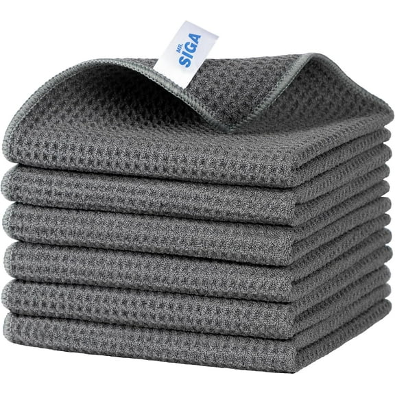 Waffle Pattern Cleaning Cloths, Reusable Absorbent Microfiber Lint Free Kitchen Towels, 6 Pack, Gray, 12.6 x inch