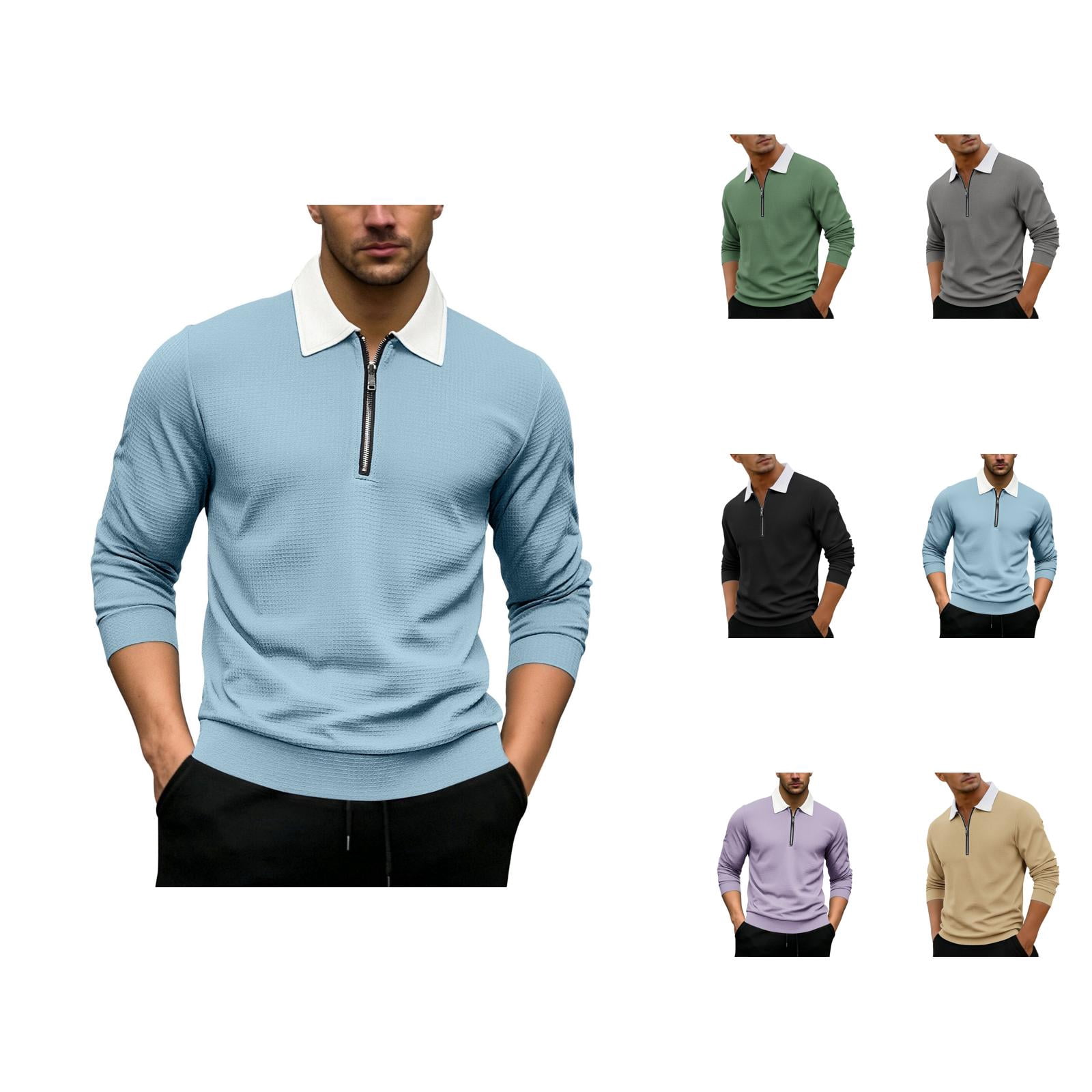 Waffle Polo Shirts for Men Spring Fall Casual Long Sleeve Collared ...