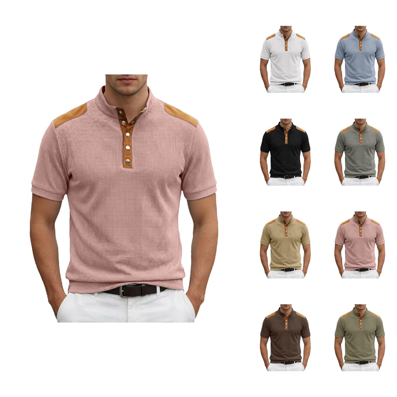 Waffle Polo Shirts for Men Summer Casual Fashion Short Sleeve Stand ...