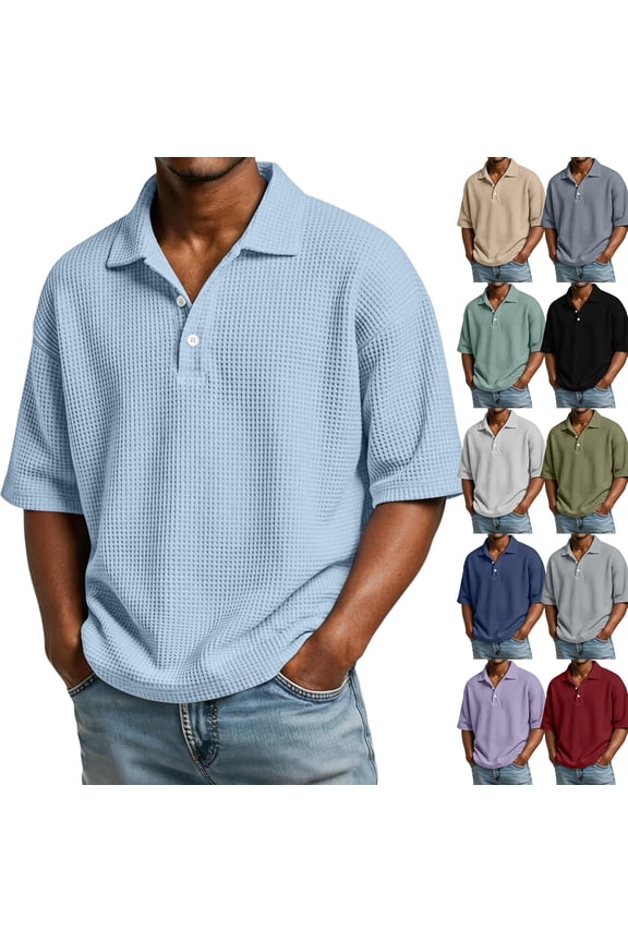 Waffle Polo Shirts for Men Summer Short Sleeve T-Shirt Casual Button Up Collared Shirts Relaxed Fit Breathable Beach Tee，S