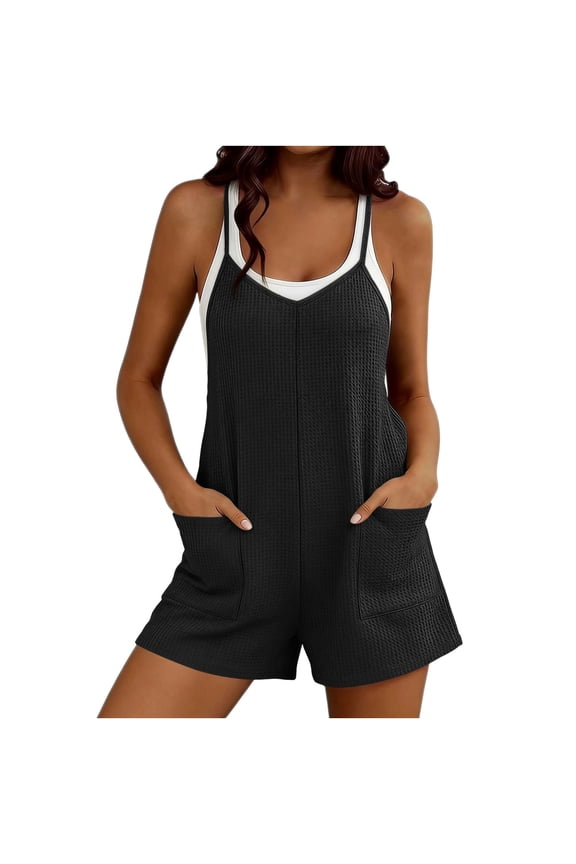 Waffle Rompers for Women Summer Adjustable Strap Loose Backlesss Jumpsuits Casual One Piece Shorts with Pockets