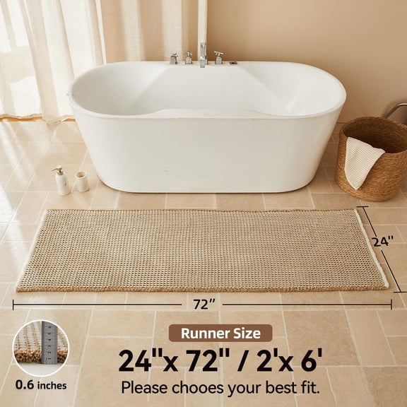 Waffle Runner Bath Mat - Long Bathroom Rugs Non Slip Washable, Ultra Soft Super Absorbent Quick Dry Boho Farmhouse Bathroom Decor, 24" x 72", Khaki & White