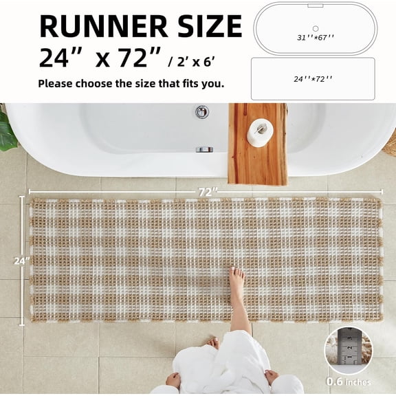 Waffle Runner Rug Bathroom, Long Boho Bathroom Rugs Non Slip Washable Absorbent Checkered Bathroom Mat Quick Dry Farmhouse Bath Mat, 72"x24" Khaki and White