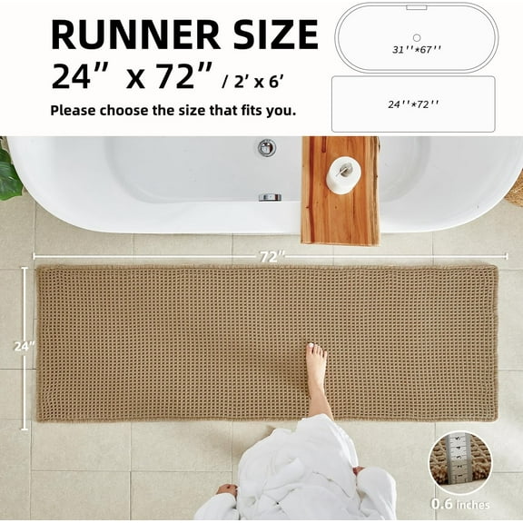 Waffle Runner Rug Bathroom, Long Boho Bathroom Rugs Non Slip Washable Super Absorbent Quick Dry Farmhouse Bath Mat, 72"x24" Khaki