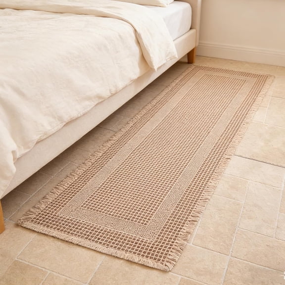 Waffle Runner Rug Non Slip Boho Farmhouse Bath Mat Super Absorbent Quick Dry Soft Tasseled Shower Mat 2 Feet x 6 Feet Square Brown