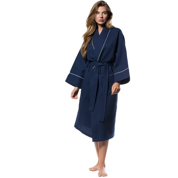 Waffle Shawl Long Robe Square Pattern Navy Blue