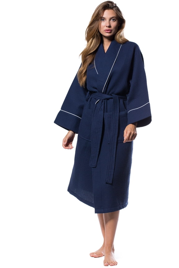 Waffle Shawl Long Robe Square Pattern Navy Blue