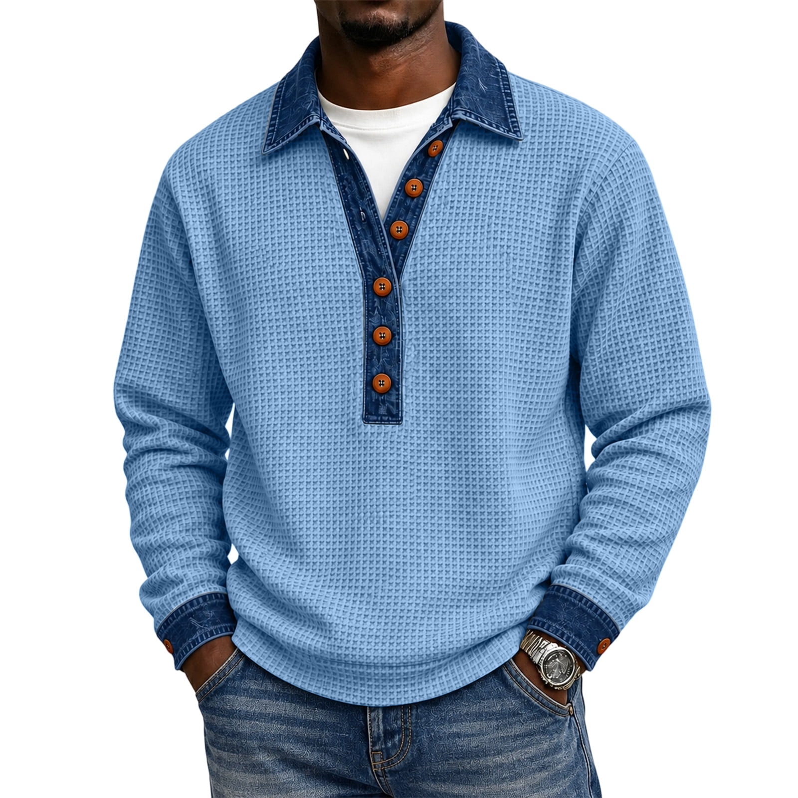 Color Button Toy Waffle Shirt Combines Men's Long Sleeve Button Placket Pullover Styling ...