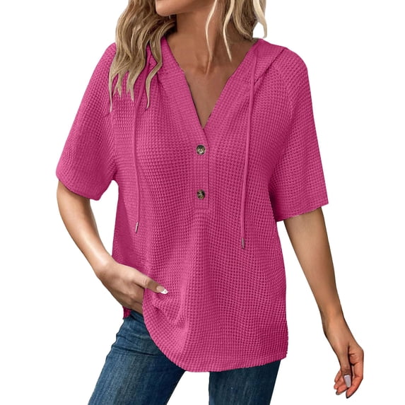Waffle Shirt Women, Yigetop Womens Summer Knit Tops 2025 Short Sleeve Lightweight Drawstring Hoodies Pullover Button V Neck Casual Blouses Shirt Knit Shirts for Women Hot Pink S