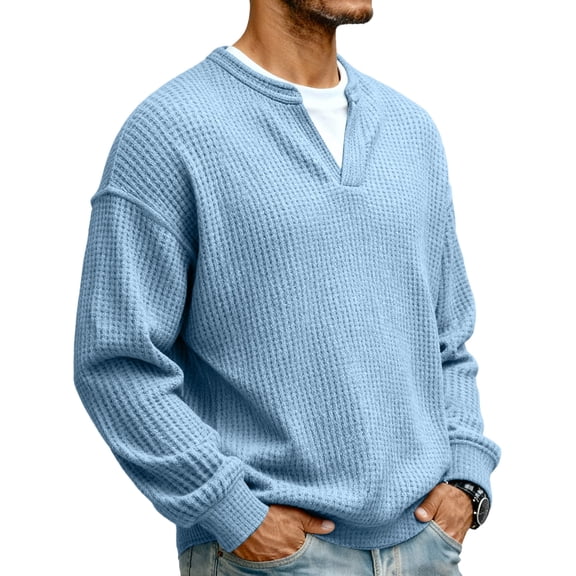 Waffle Shirts For Men Casual Long Sleeve Knit Tops Trendy V Neck Fall Pullover Sweatshirt