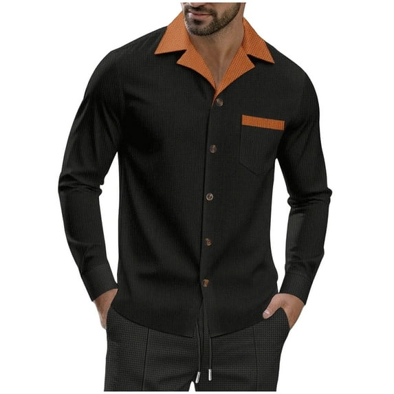 Waffle Shirts for Mens Button Down Sweatshirt Lapel Long Sleeve Blouses Color Block Dressy Causal Top Bussiness Dressy Blouse Comfy Fall Fashion Outfits Winter Clothes