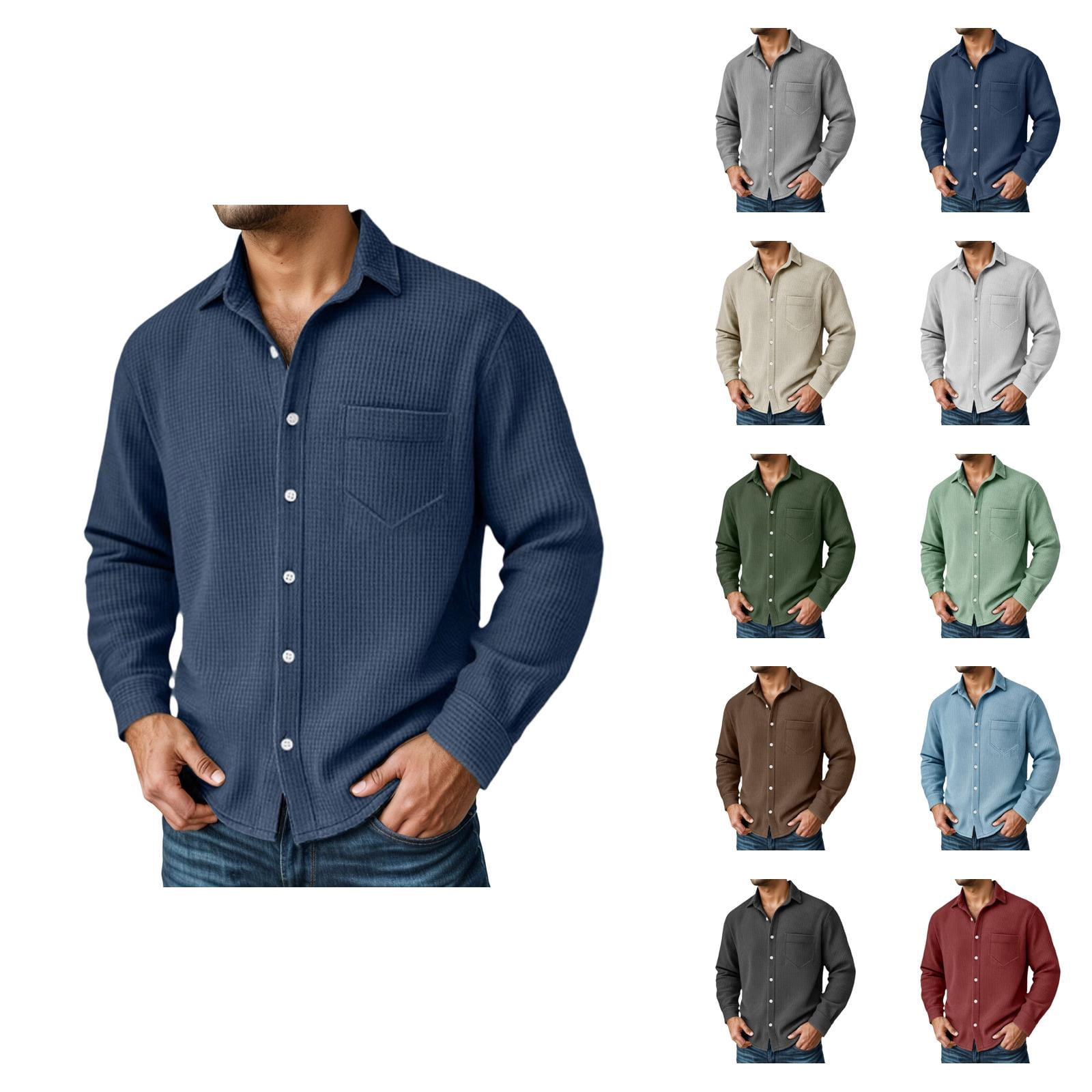 Waffle Shirts for Men Fall Winter Long Sleeve Button Down Collared ...
