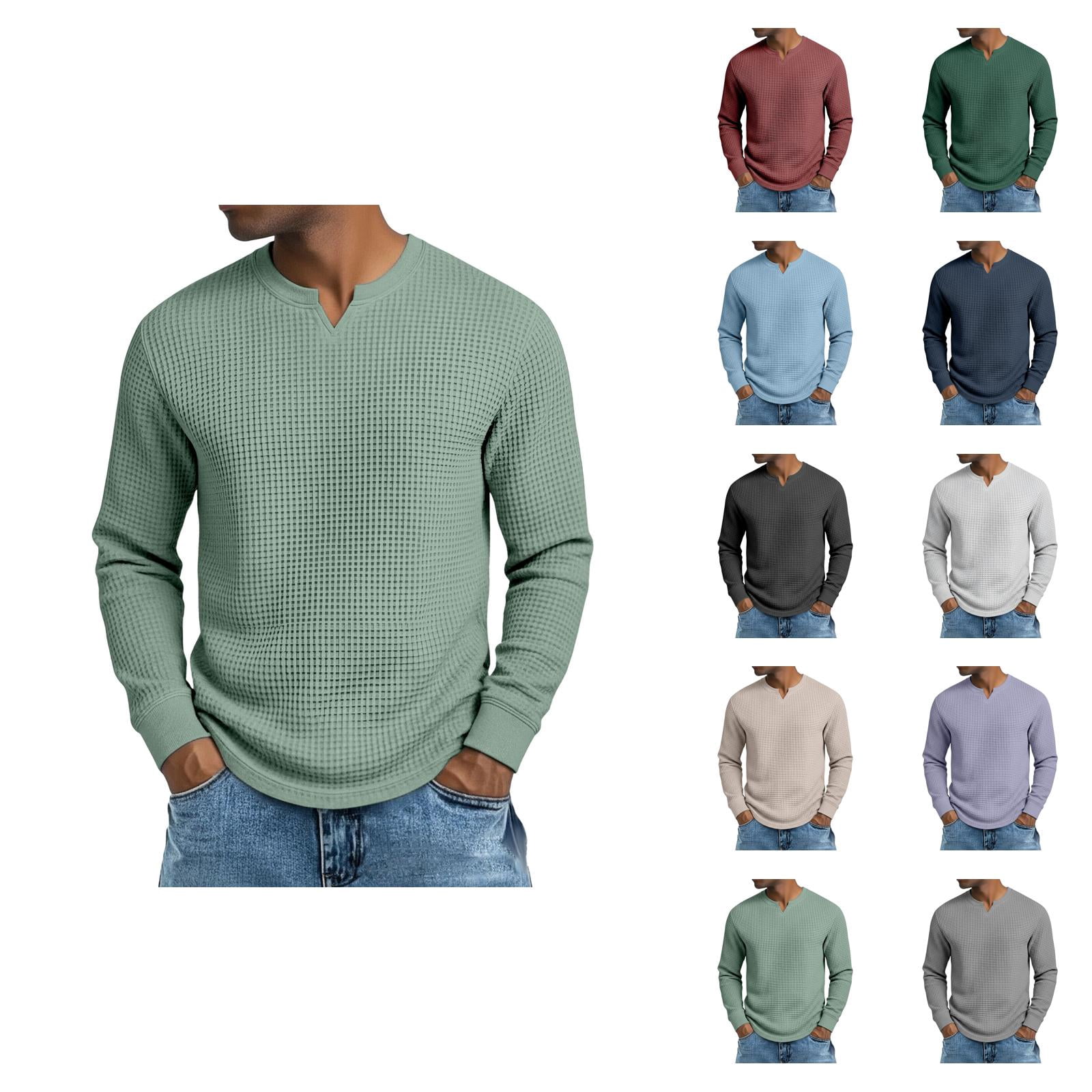 Waffle Shirts for Men Fall Winter Long Sleeve V Neck Slim Fit Casual ...