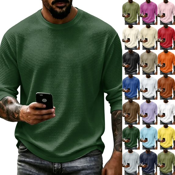 Waffle Shirts for Men Winter Casual Long Sleeve Lightweight Sweatshirt Fashion Athletic Tops Dark Green 5XL