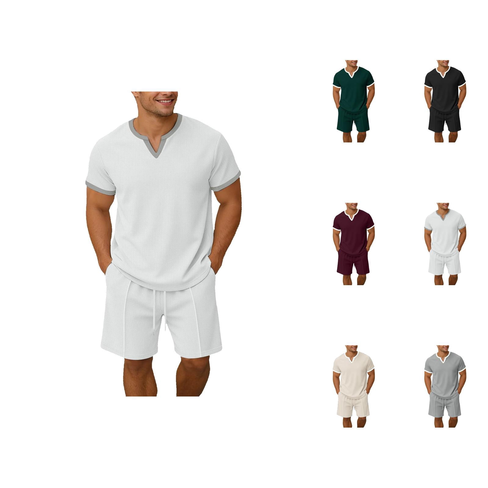 Waffle Short Sets for Men Short Sleeve V Neck T Shirt and Bermuda ...