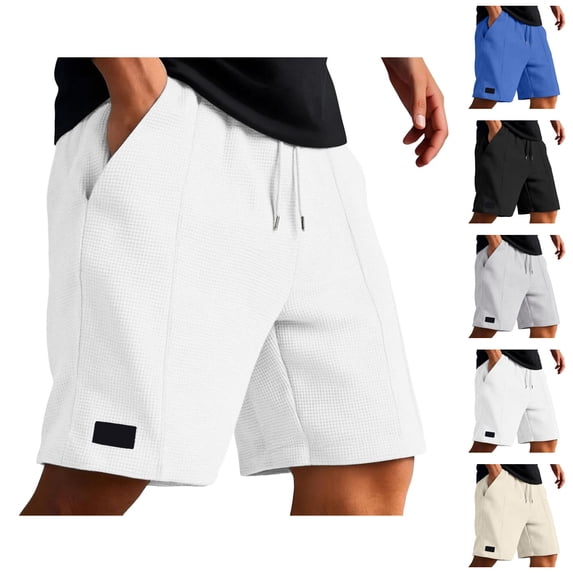 Waffle Shorts for Men Summer Casual Elastic Waist Wide Straight Leg Loose Knee Length Bermuda Shorts with Pockets