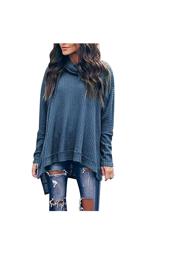 Waffle Sweater for Women Turtleneck Batwing Sleeve Sweater Side Slit High Low Sweater Casual Loose Oversized Sweater sweaters women