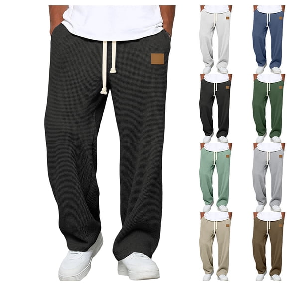 Waffle Sweatpants Men Drawstring Wide Leg Baggy Pants Lightweight Breathable Hiking Sweatpant Mens Lounge Pant,Black XL