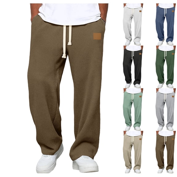 Waffle Sweatpants Men Drawstring Wide Leg Baggy Pants Lightweight Breathable Hiking Sweatpant Mens Lounge Pant,Brown M