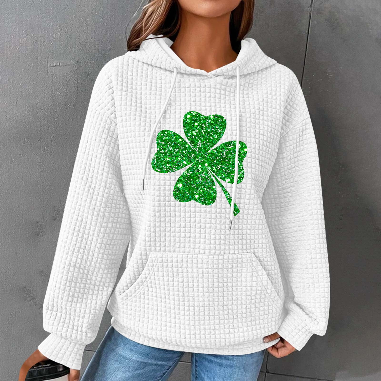 Waffle Sweatshirt Hoodie Women 2024,Womens St. Patricks Day Hoodie Waffle  Knit Cute Lucky Clover Graphic Oversized Sweatshirts Casual Long Sleeve  Pullover with Pockets 