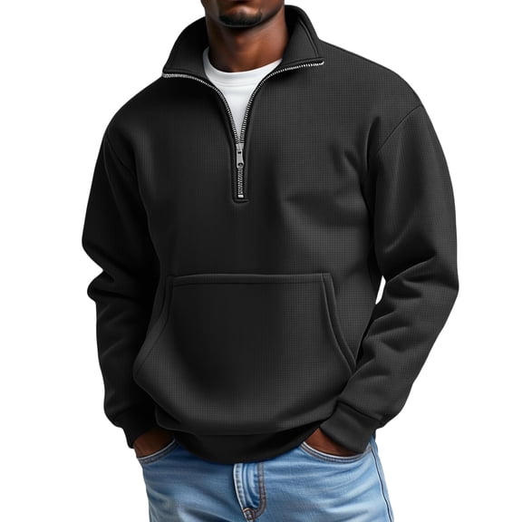 Waffle Sweatshirts Mens Stand Collar 1/4 Zip Pullover Long Sleeve Fall Winter Top, Black XL
