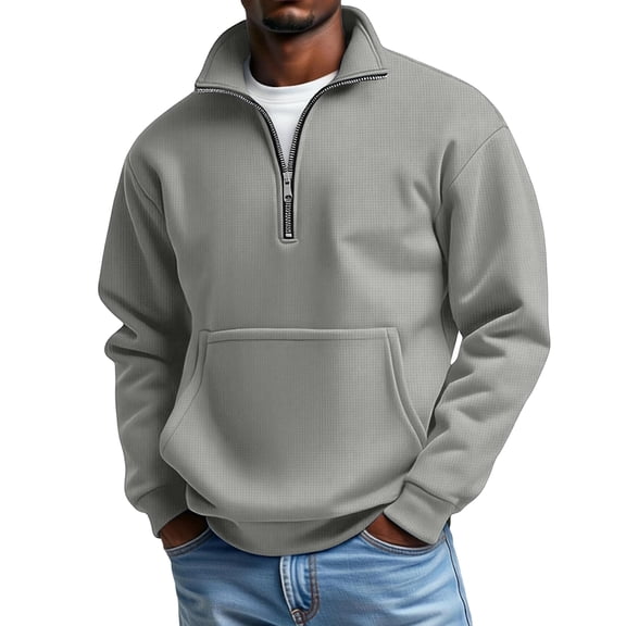 Waffle Sweatshirts Mens Stand Collar 1/4 Zip Pullover Long Sleeve Fall Winter Top, Light Gray 3XL