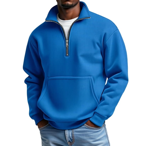 Waffle Sweatshirts Mens Stand Collar 1/4 Zip Pullover Long Sleeve Fall Winter Top, Royal Blue S