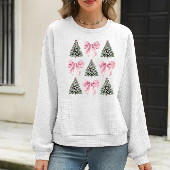 Waffle Sweatshirts for Womens Christmas Loose Crewneck Long Sleeve Shirts Merry Christmas Printed Sweaters Casual Fashion Xmas Holiday Party Pullover Tops