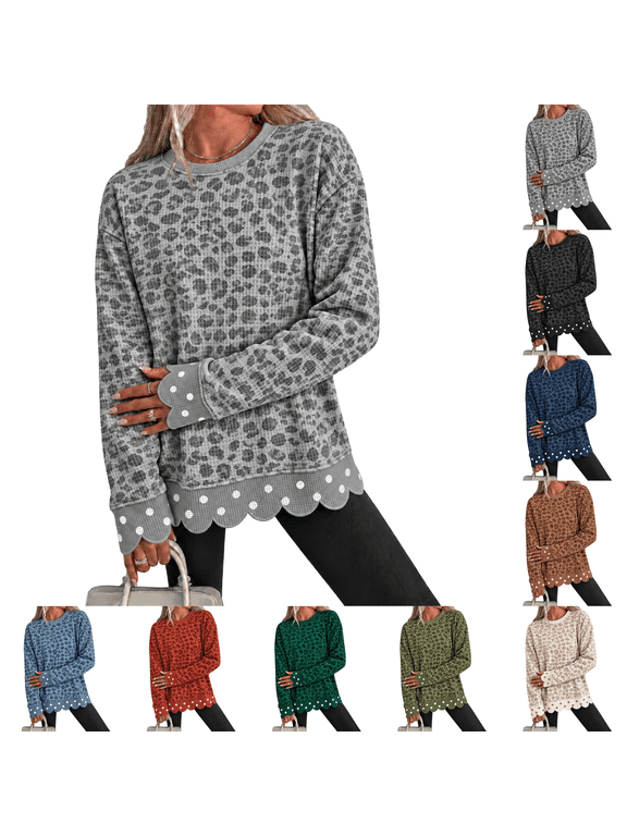 Waffle Sweatshirts Womens Scalloped Knit Oversized Crewneck Casual Tunic Long Sleeve Comfort Soft Cozy Top Drop Shoulder Relaxed Fit Lightweight Activewear Lounge Daily Trendy Fall Gray S