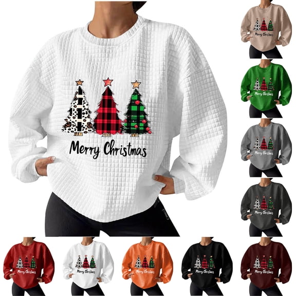 Waffle Sweatshirts for Women Christmas Tree Printed Long Sleeve Crewneck Lightweight Shirt Hoodless Pullover