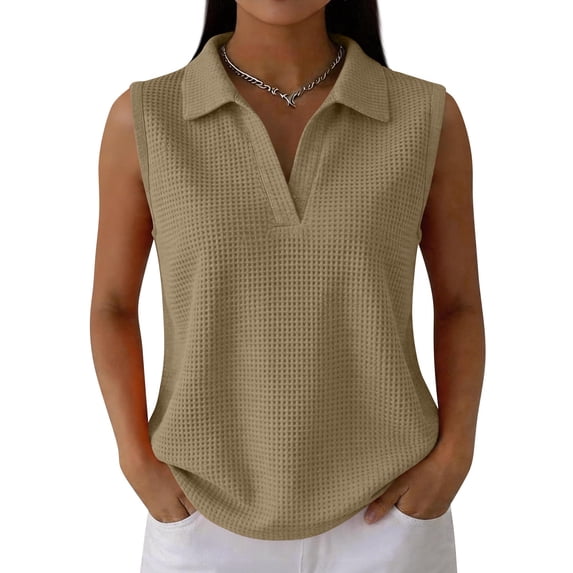 Waffle Tank Tops for Women Sleeveless Polo Shirts V Neck Collared Golf Shirts Office Business Casual Summer Vest Tops,Khaki,XXL