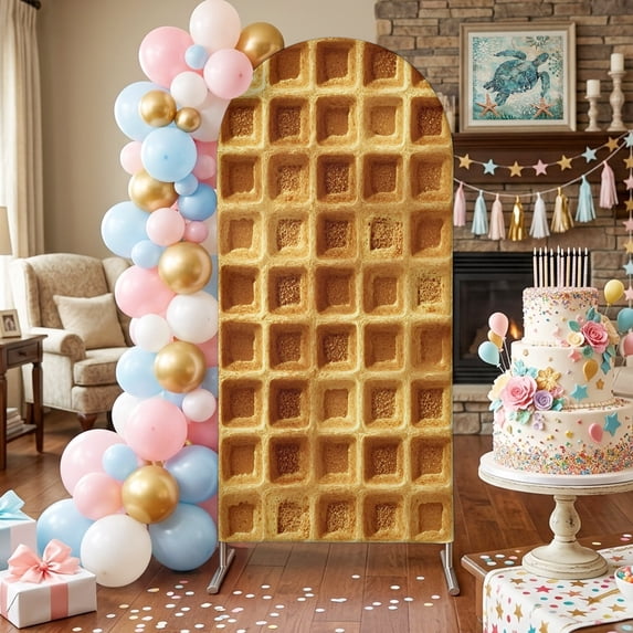 Waffle Texture Arch Backdrop Covers 4 FT, Country Farmhouse Gold Yellow Waffle Stretchy Fitted Arched Stand Covers Party Arch Stand Cover Photo Booth for Wedding Birthday Decor
