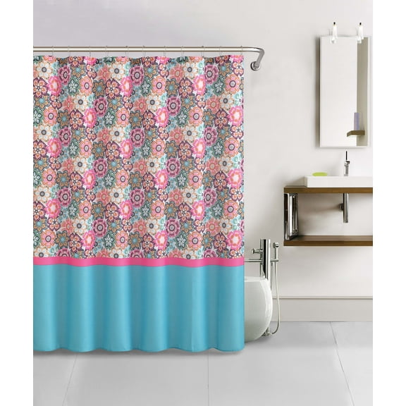 Waffle Texture Folk Multi-Colored Bright Floral Pattern Shower Curtain with 12 Silver Roller Ball hooks: 72" x 72"