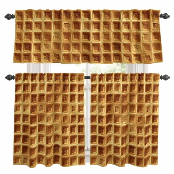 Waffle Texture Kitchen Curtains Valances 3 Piece Set, Country Farmhouse Gold Yellow Waffle Rod Pocket Tier Curtain and Valance Drapes for Small Window 36 Inch Length for Bedroom Cafe