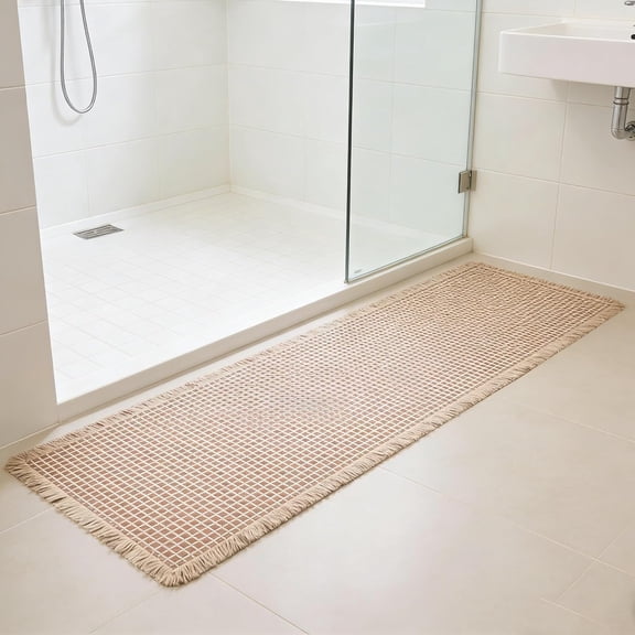 Waffle Texture Non Slip Bath Runner Rug Super Absorbent Quick Dry Soft Tasseled Bathroom Mat 24 Inch x 72 Inch Brown
