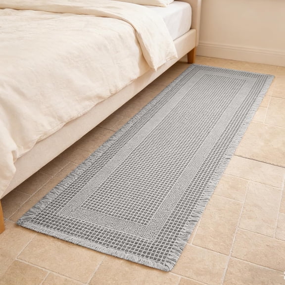Waffle Texture Non Slip Bath Runner Rug Super Absorbent Quick Dry Soft Tasseled Farmhouse Style 24 x 72 Inches Square Light Grey